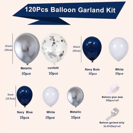 120 styk ballong garland arch kit med konfetti - Marineblå og sølv